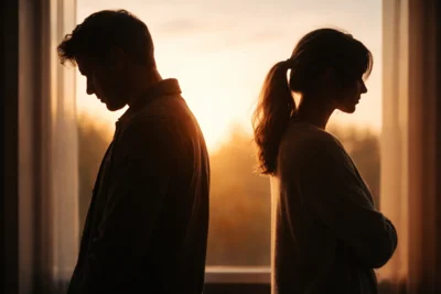 Zwei Silhouetten stehen mit Abstand zueinander im warmen Licht. Das Licht zwischen ihnen symbolisiert die innere Spannung zwischen Rückzug, Autonomie und der Sehnsucht nach Nähe. (Bild vergr&ouml;&szlig;ern)