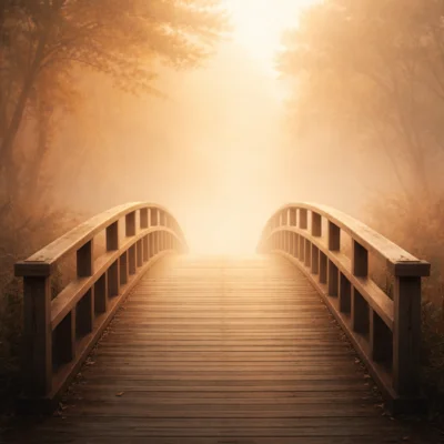 Ruhige Holzbrücke im warmen Morgenlicht symbolisiert den inneren Weg zwischen Distanz und Verbindung und steht für Beziehungsmuster zwischen Nähe, Selbstschutz und emotionaler Balance. (Bild vergr&ouml;&szlig;ern)