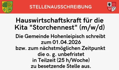 Stellenausschreibung der Gemeinde Hohenleipisch: Hauswirtschaftskraft für die Kita „Storchennest“ (m/w/d) zum 01.04.2026 bzw. zum nächstmöglichen Zeitpunkt (Bild vergr&ouml;&szlig;ern)