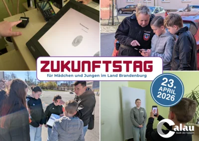Foto: Szenen vom Zukunftstag 2025: Die Schülerinnen und Schüler schauten u.a. im Einwohnermeldeamt vorbei, verteilten Knöllchen und erkundeten eine künftige Baustelle auf dem Gelände der Grundschule. Fotos: Stadt Calau Foto zur Meldung: Zukunftstag 2026: Auch die Stadt Calau ist wieder mit dabei!