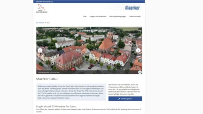 Foto: Screenshot der neuen Maerker-Seite von Calau. Foto zur Meldung: Relaunch erfolgreich: Maerker-Plattform wieder erreichbar