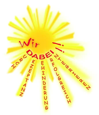 Foto: Das Bild zeigt das Logo des Vereins Wir DABEI!. In der Mitte des Logos befindet sich eine gelbe Sonne, die von Strahlen umgeben ist. In der Mitte der Sonne steht in roter Schrift Wir DABEI! In den Strahlen stehen in Großbuchstaben die Worte DURCH, AKZEPTANZ, BEHINDERUNG, ERFOLGREICH und INTEGRIEREN, deren Anfangsbuschstaben das Wort DABEI ergeben. Foto zur Meldung: Gemeinsam Inklusion gestalten!