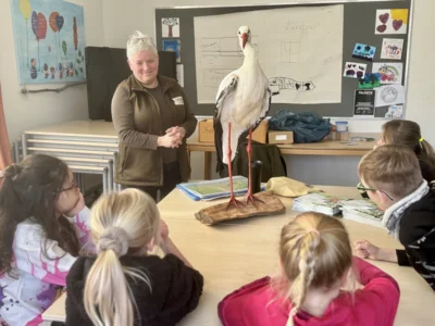 Rangerin Ricarda Rath spricht mit den Kindern der zweiten Klasse über das  Aushängeschild des Landkreises Prignitz: den Storch I Foto: Landkreis Prignitz / Gina Werthe (Bild vergr&ouml;&szlig;ern)