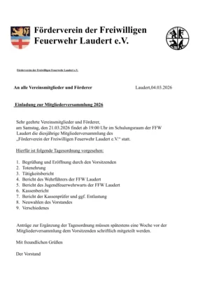 Förderverein der Feuerwehr Laudert e.V. lädt zur Mitgliederversammlung 2026 ein