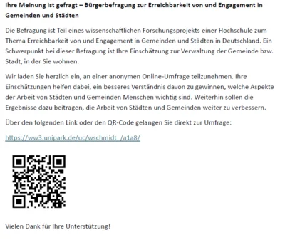 Meldung: Bürgerbefragung zur Erreichbarkeit von und Engagement in Gemeinden und Städten