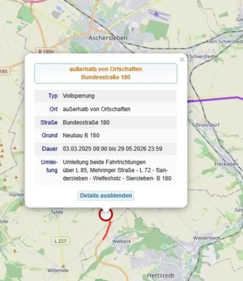 Meldung: Erneute Verlängerung der Vollsperrung der B 180 von Pfersdorf nach Walbeck