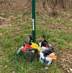 Das Foto zeigt mehrere selbst aufgestellte Eimer mit Hundekotbeuteln am Rand einer Grünfläche in Heckendalheim. Das Ablegen der Beutel in solchen privaten Sammelstellen stellt eine unerlaubte Müllablagerung dar. Foto: Gemeinde Mandelbachtal