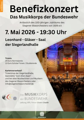 Meldung: Benefizkonzert des Musikkorps der Bundeswehr am 07.05.2026 um 19:30 Uhr in der Siegerlandhalle