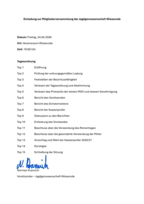 Bild der Einladung zur Mitgliederversammlung JG Wieserode ©JG Wieserode (Bild vergr&ouml;&szlig;ern)