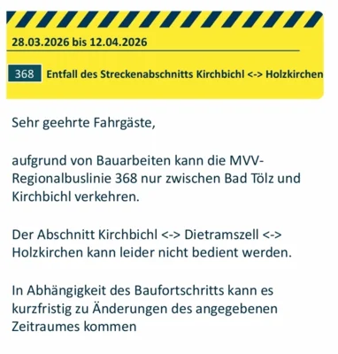Bus 368 - Entfall des Streckenabschnitts Kirchbichl-Holzkirchen