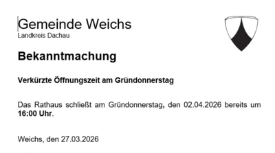 Verkürzte Öffnungszeit am Gründonnerstag