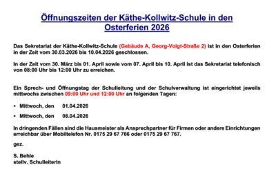 Aushang Öffnungszeiten in den Osterferien (Bild vergr&ouml;&szlig;ern)
