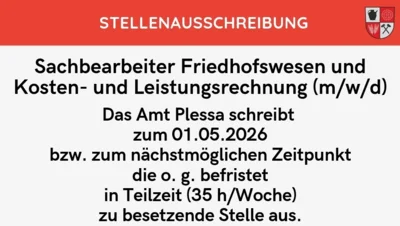 Stellenausschreibung des Amtes Plessa: Sachbearbeiter Friedhofswesen und Kosten- und Leistungsrechnung (m/w/d) zum 01.05.2026 (Bild vergr&ouml;&szlig;ern)