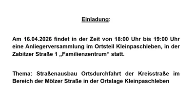 Einladung Anliegerversammlung in Kleinpaschleben am 16.04.2026 um 18 Uhr - Thema Straßenausbau (Bild vergr&ouml;&szlig;ern)