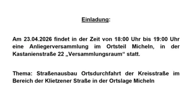 Einladung Anliegerversammlung in Micheln am 23.04.2026 um 18 Uhr - Thema straßenausbau (Bild vergr&ouml;&szlig;ern)