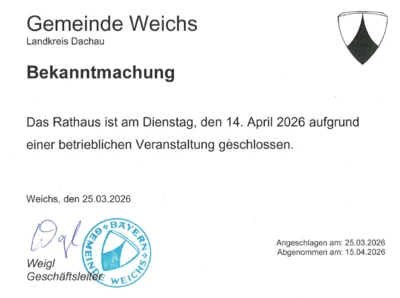 Das Rathaus ist am Dienstag, den 14.04.2026 aufgrund einer betrieblichen Veranstaltung geschlossen