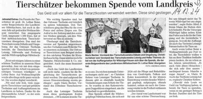 Zeitungsartikel Tierschützer bekommen Spende vom Landkreis (Bild vergr&ouml;&szlig;ern)