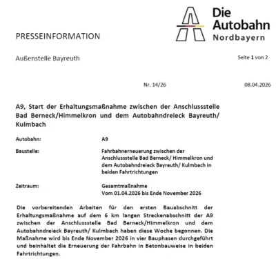 Foto zur Meldung: A9, Start der Erhaltungsmaßnahme zwischen der Anschlussstelle Bad Berneck/Himmelkron und dem Autobahndreieck Bayreuth/ Kulmbach