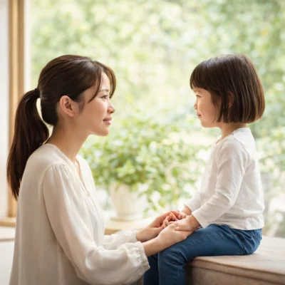 Emotionale Szene zwischen Elternteil und Kind auf Augenhöhe. Ruhiger Moment von Verbindung, Verständnis und Präsenz im Alltag. (Bild vergr&ouml;&szlig;ern)