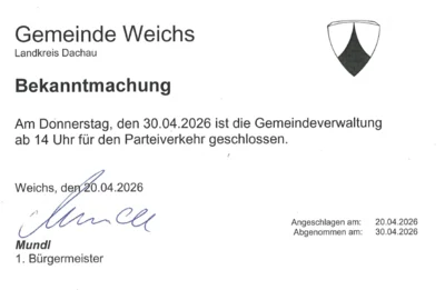 Das Rathaus ist am Donnerstag, den 30.04.2026, nachmittags geschlossen