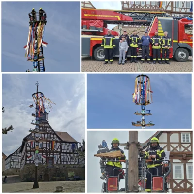 Feuerwehr komplettierte durch das Anbringen der Symbole den Maibaum auf dem Sontraer Marktplatz (Bild vergr&ouml;&szlig;ern)