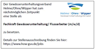 Stellenausschreibung des Gewässerunterhaltungsverbandes Helme/Ohne/Wipper