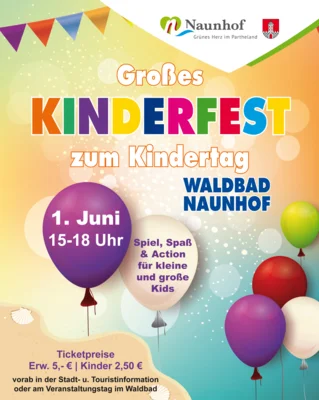 Plakat vom Kinderfest zum Kindertag im Waldbad mit Luftballons
