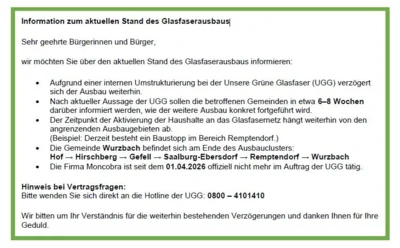 Information zum aktuellen Stand des Glasfaserausbaus
