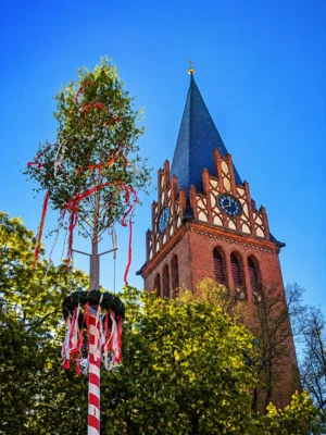Maibaum mit Blick auf die evangelische Kirche "St. Nikolai" (Bild vergr&ouml;&szlig;ern)