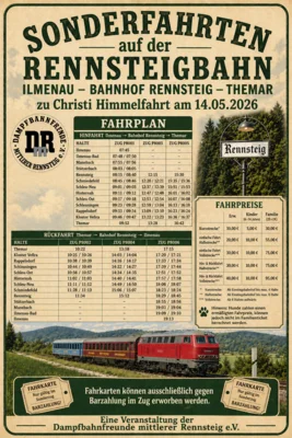 Dampfbahnfreunde mittlerer Rennsteig e.V. -Fahrtage zu Himmelfahrt und Pfingsten 2026 (Bild vergr&ouml;&szlig;ern)
