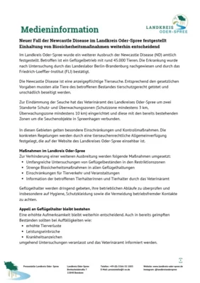 Medieninformation des Landkreis Oder-Spree - Ausbruch Newcastle im Landkreis Oder-Spree (Bild vergr&ouml;&szlig;ern)