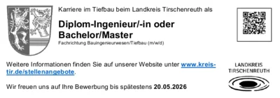 Stellenausschreibung des Landratsamtes Dipl.-Ingenieur/in (FH) / Bachelor/Master (m/w/d) - Fachrichtung Bauingenieurswesen/Tiefbau (Bild vergr&ouml;&szlig;ern)