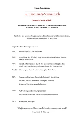 🤝 EINLADUNG: 6. Ehrenamts-Stammtisch am 28. Mai 2026 in der Gemeindestube Jüchsen
