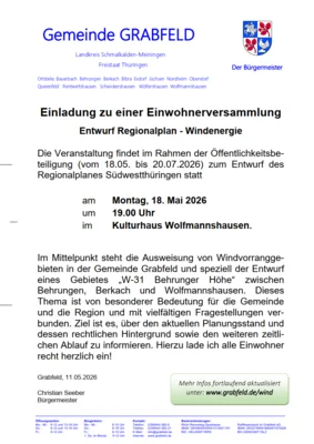 Einladung zur Einwohnerversammlung zum Thema "Entwurf Regionalplan - Windenergie" Montag, 18.05.2026