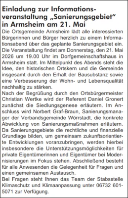 Einladung zur Informationsveranstaltung "Sanierungsgebiet" in Armsheim