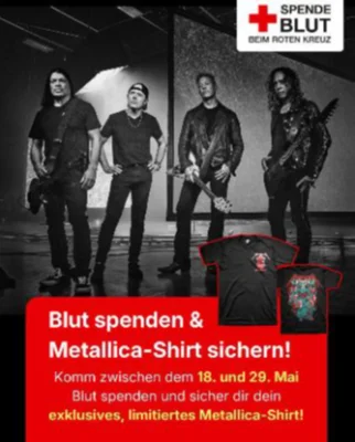 Jetzt Blutspendetermin am 25.05.2026 in Bad Belzig sichern und Metallica T-Shirt erhalten! (Bild vergr&ouml;&szlig;ern)