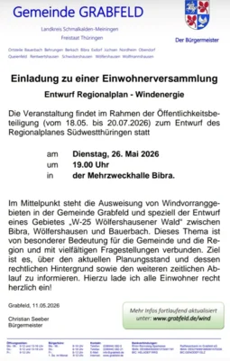 Einladung zur Einwohnerversammlung zum Thema "Entwurf Regionalplan - Windenergie" 26.05.2026 in Bibra