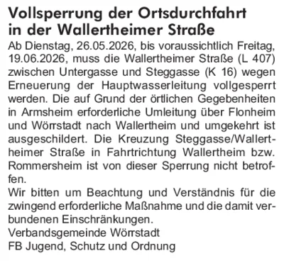 Vollsperrung der Ortsdurchfahrt in der Wallertheimer Straße
