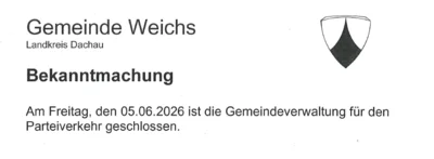 Das Rathaus ist geschlossen am Freitag, den 05. Juni 2026