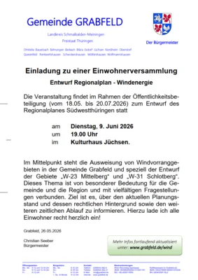 Einladung zur Einwohnerversammlung zum Thema "Entwurf Regionalplan - Windenergie" 09.06.2026 - Jüchsen