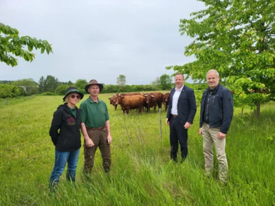 Beteilligte vor der Rotviehherde: Beate und Johann Graml, Bürgermeister Maximilian Sedlmeier, Klaus Amann (v.l.)