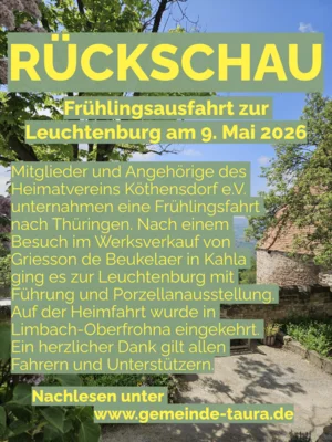 Meldung: Frühlingsausfahrt des Heimatvereins Köthensdorf e.V. zur Leuchtenburg am 9. Mai 2026