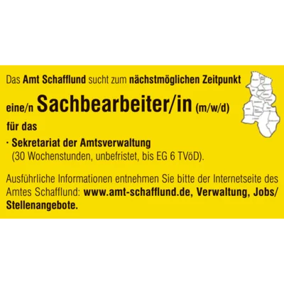 Stellenausschreibung: Sachbearbeiter/in (m/w/d) für das Sekretariat der Amtsverwaltung Schafflund (Bild vergr&ouml;&szlig;ern)