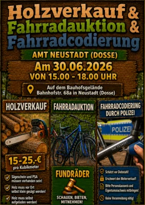 Flyer mit Information zum Holzverkauf und Fahrradauktion (Bild vergr&ouml;&szlig;ern)