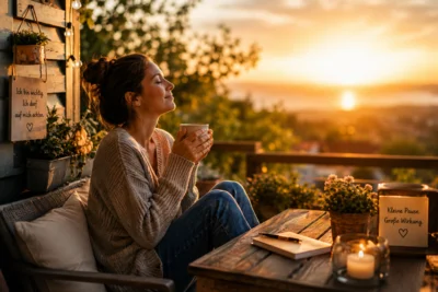 Ein Elternteil sitzt entspannt mit einer Tasse Kaffee oder Tee an einem ruhigen Ort, während warmes Licht die Szene erfüllt. Das Bild symbolisiert Selbstfürsorge, innere Ruhe, bewusste Pausen und die Verbindung zu sich selbst. (Bild vergr&ouml;&szlig;ern)