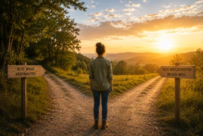 Eine Person steht an einer Weggabelung zwischen zwei Wegen. Der eine Weg symbolisiert alte Gewohnheiten, der andere neue Möglichkeiten. Die Atmosphäre wirkt hoffnungsvoll und zeigt, dass Erkenntnis erst dann Wirkung entfaltet, wenn daraus Entscheidungen und Handlungen entstehen. (Bild vergr&ouml;&szlig;ern)