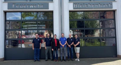 Bernd Frei, Wehrführer Florian Schäfer, Bürgermeister Markus Bäckel, Sebastian Weitz, Egbert Schäfer und stellv. Wehrführer Jens Kraft (v.l.) (Bild vergr&ouml;&szlig;ern)
