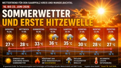 Die Grafik zeigt den Wettertrend für den Saarpfalz-Kreis und Mandelbachtal vom 16. bis 23. Juni 2026 mit einer ersten Hitzewelle und Temperaturen bis 36 Grad. Für Freitag und Samstag sind örtliche Hitzegewitter möglich, ab Sonntag wird eine leichte Entspannung erwartet. KI-generierte Grafik. Angaben ohne Gewähr. Stand: 16. Juni 2026.