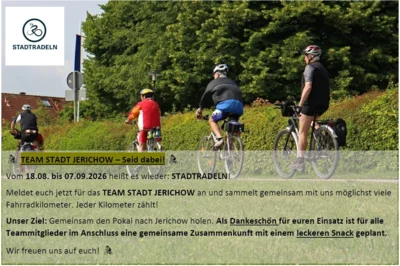Meldung: Stadtradeln im Team Jerichow 18.08.-07.09.26 ++ jetzt anmelden und dabei sein!