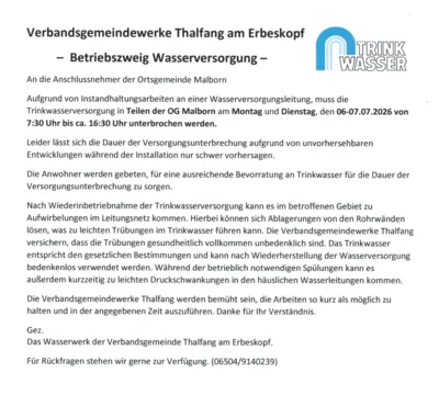 Meldung: Bauarbeiten im Bereich Trinkwasserversorgung